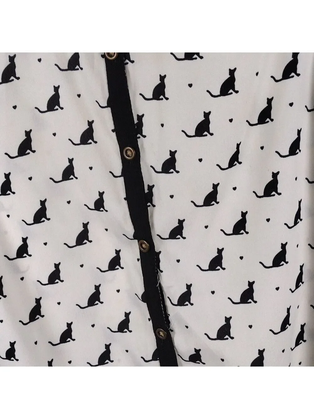 Love Me I'm Gorgeous White Black Cat Print Collared Sleeveless Button Down Top